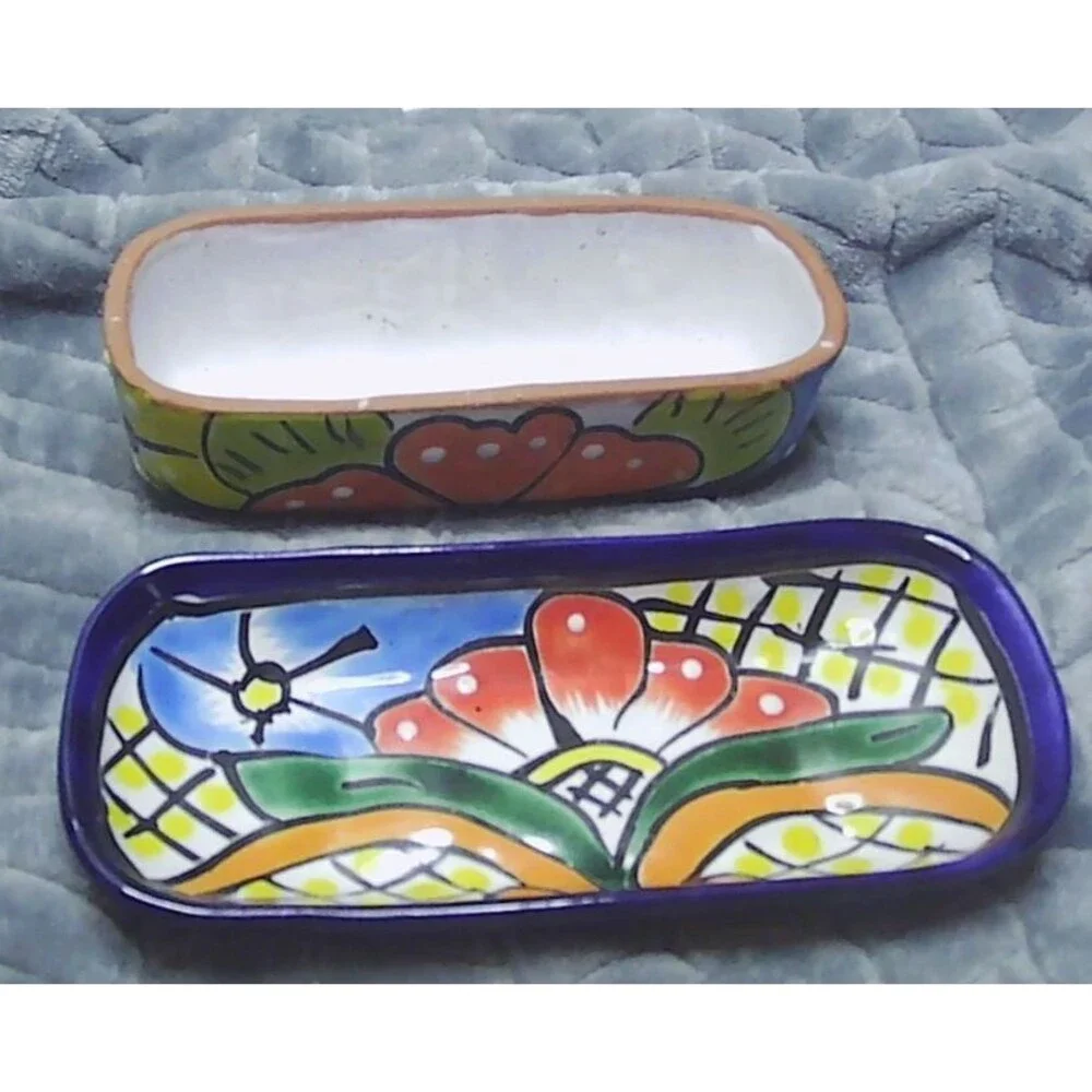 Talavera Butter Dish Hand Painted Floral Folk Art Pottery Mexico 7x3.25x2.5